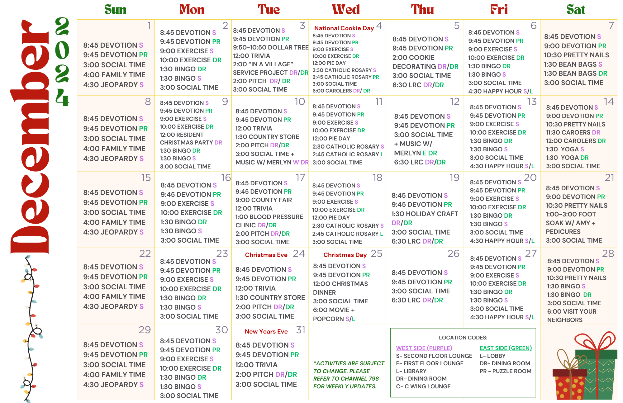 December Activities Calendar